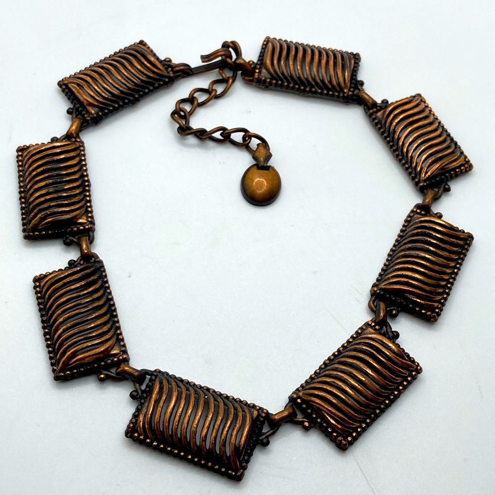 Vtg 70’s Copper Abstract Modernist Choker Length Necklace 12” + 3” Extender